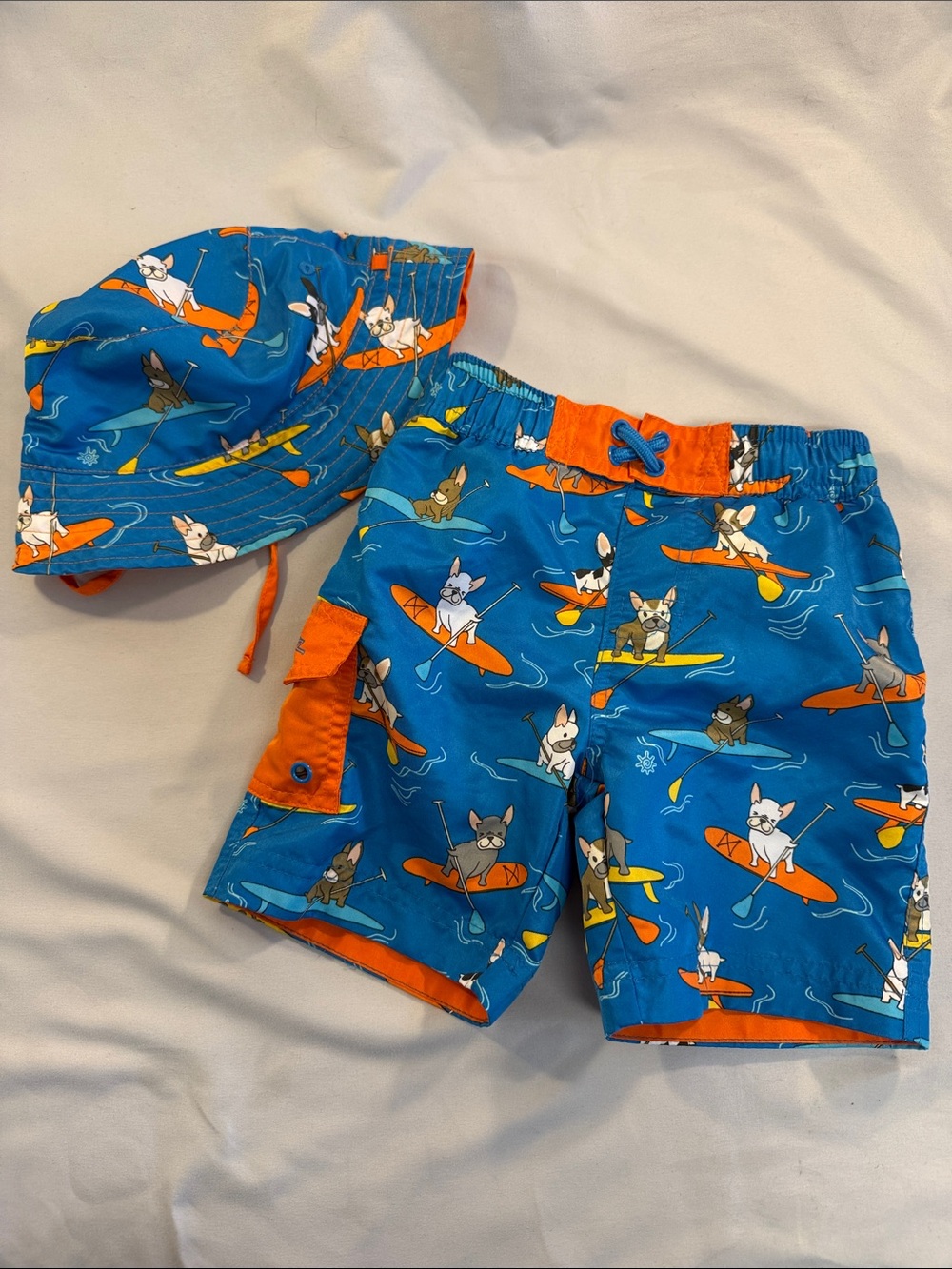 UV Skinz Blue & Orange Paddle Pup Kids Swim Shorts with Matching Hat